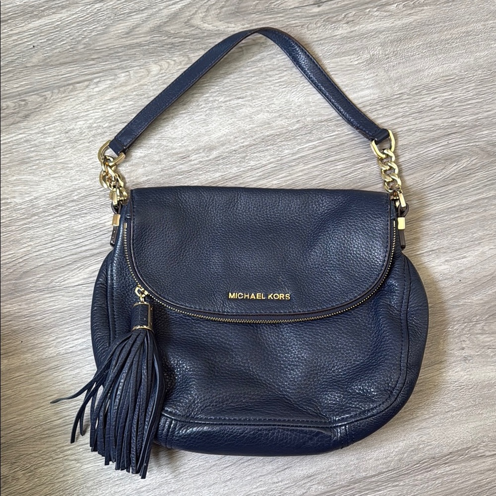 Michael Kors Blue Shoulder Bag with Gold Chain and Tassel
